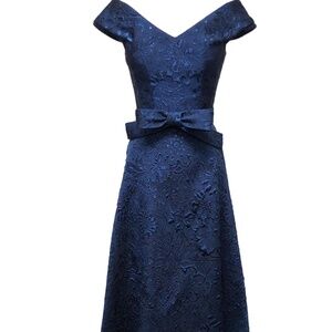 High Low Royal Blue French Jacquard Portrait V Neck Gown with Matching Bow Belt